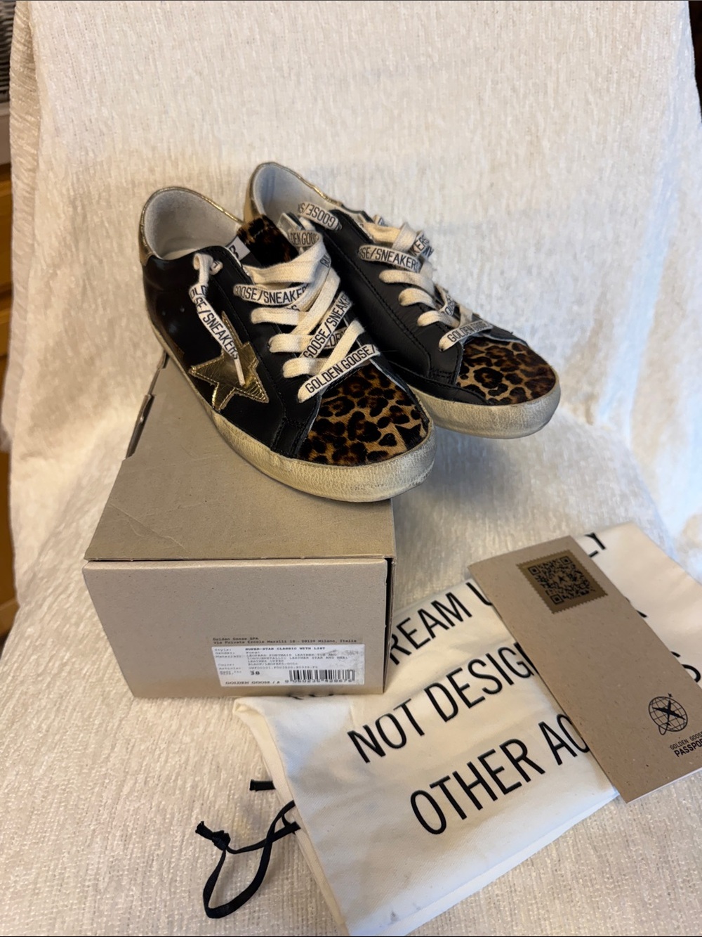 Golden Goose Women’s Leather w/gold & leopard accent Sneakers